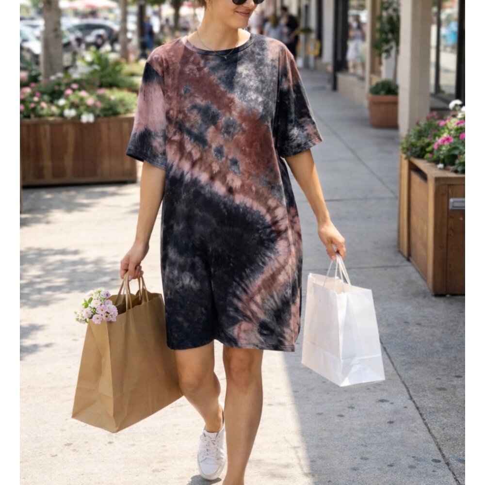SHEIN Curve T-Shirt Dress Crew Neck Tie Dye Black Pink Brown Womens Plus Size 3X
